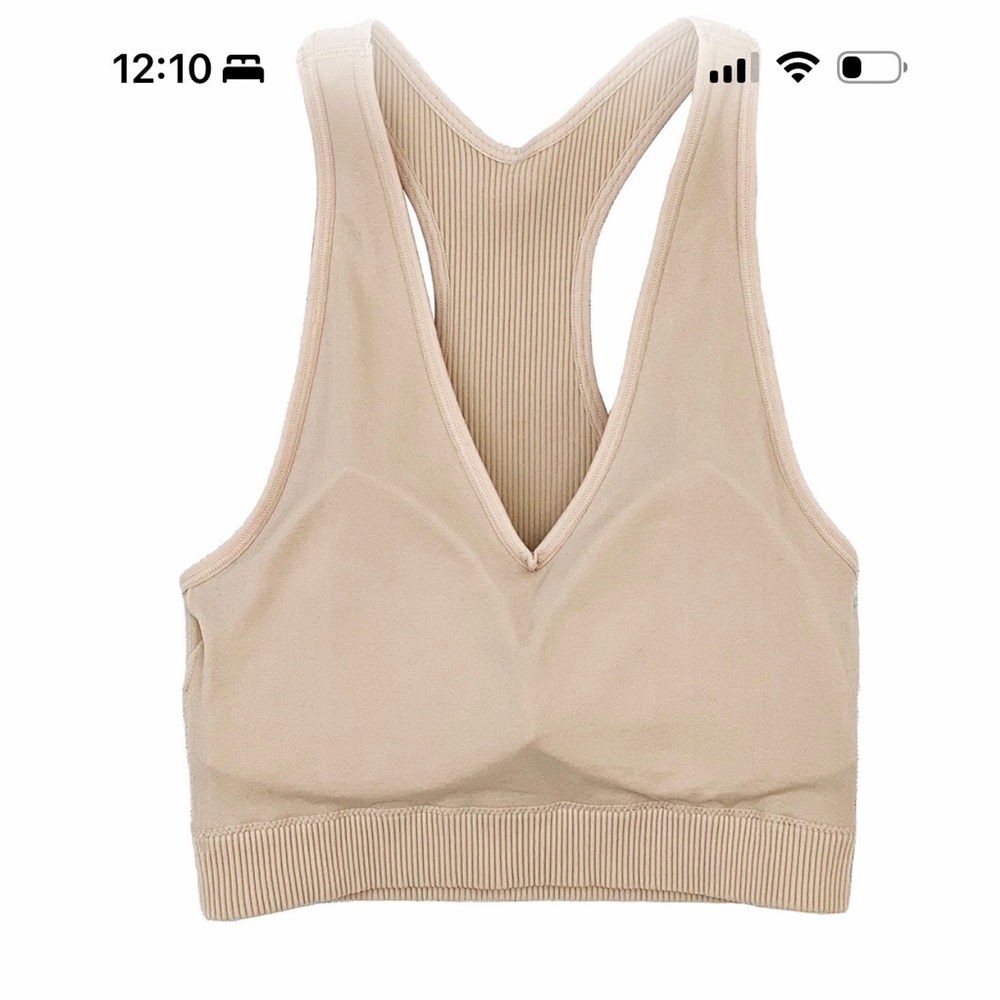 2 for 30$ Beige Mocha Ribbed Zenana Seamless Vee Neck Crop Top & Removable Pads - Picture 2 of 6